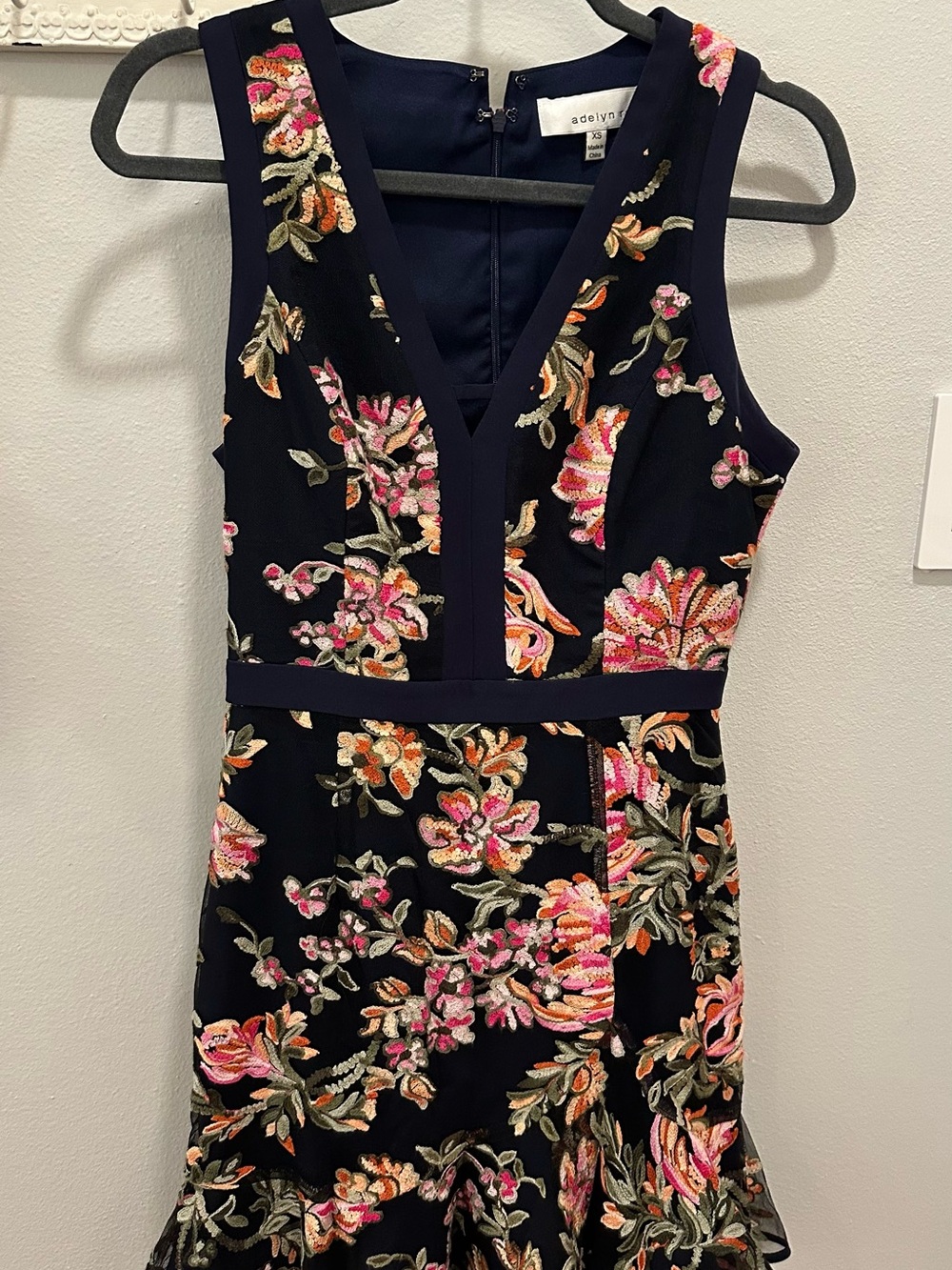 Adelyn Rae Navy Midi Dress with Pink & Orange Floral Embroidery